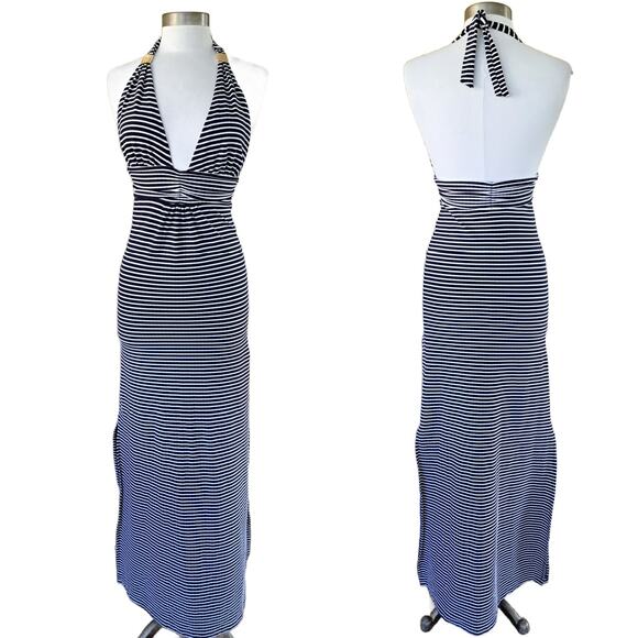 HEIDI KLEIN Striped Halter Maxi Dress Small Resort Blue & White Backless V-neck - Picture 2 of 13